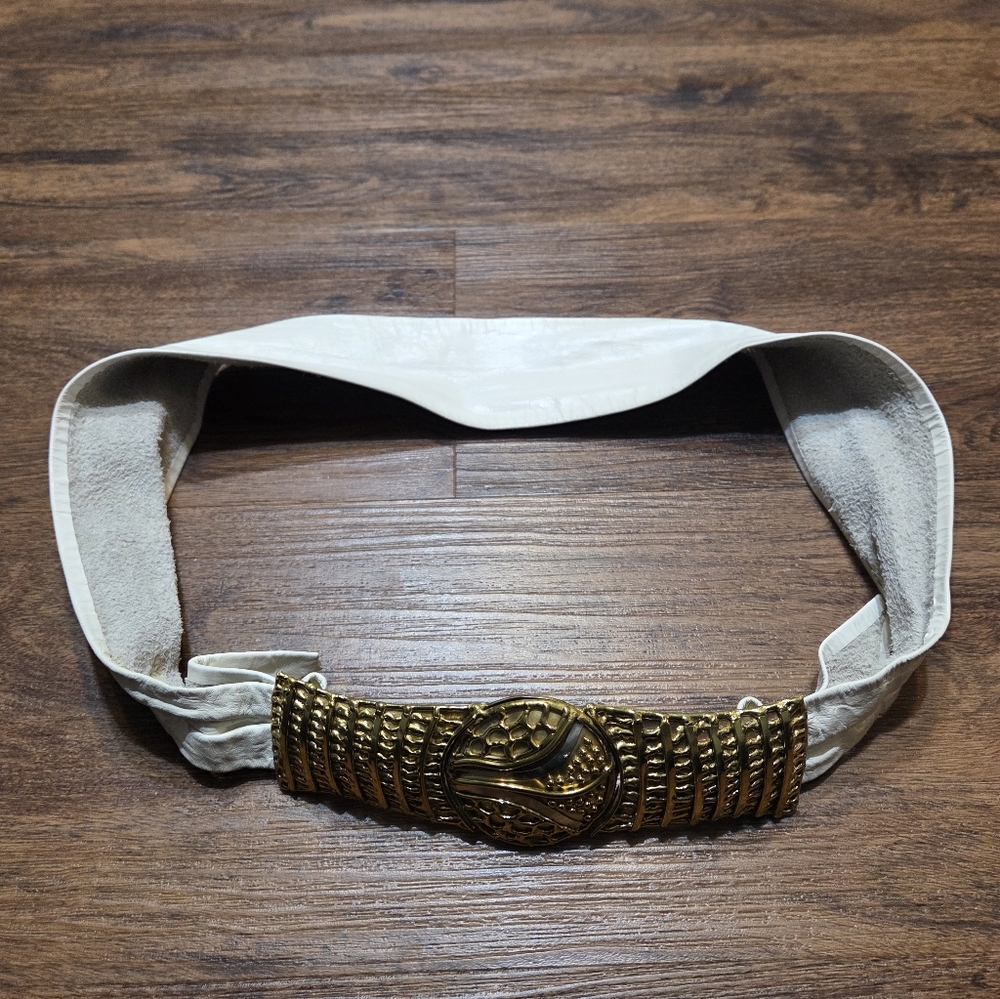 Vintage Luciano Heavy Brass Belt Buckle Cream Leather Belt